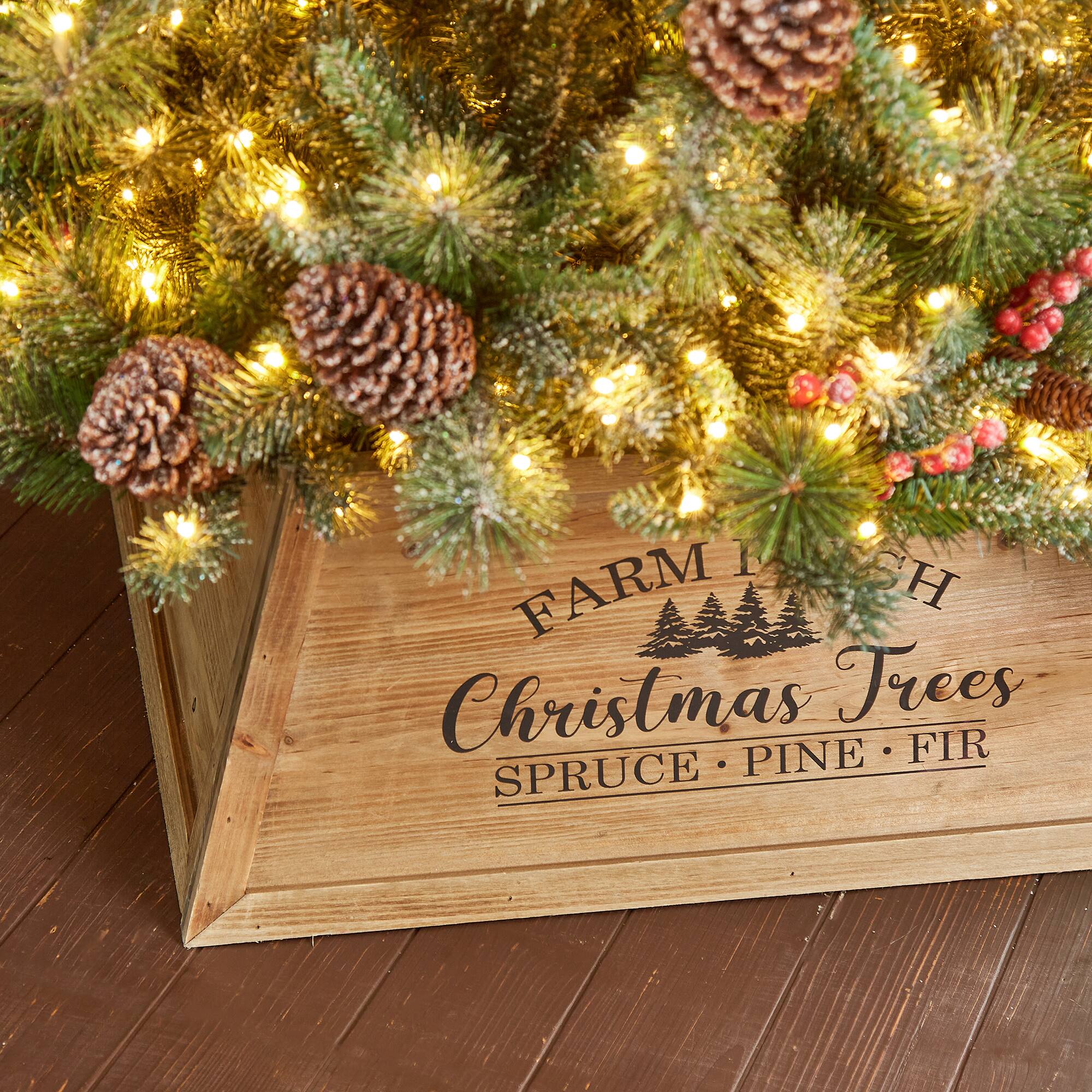Glitzhome® Natural 26" Farm Fresh Christmas Trees Wooden Trapezoid Tree Collar